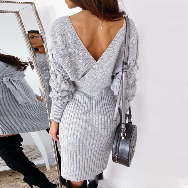 Women's V-Neck Batwing Sleeve Wool Sweater Dress