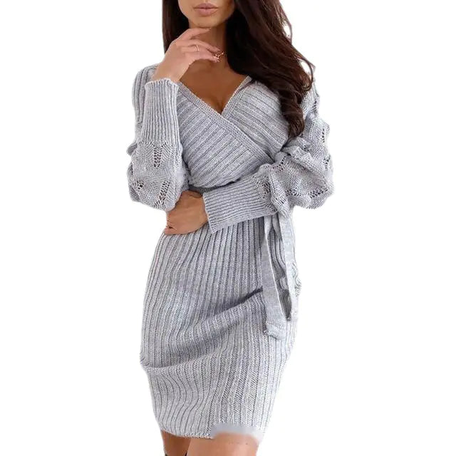 Women's V-Neck Batwing Sleeve Wool Sweater Dress