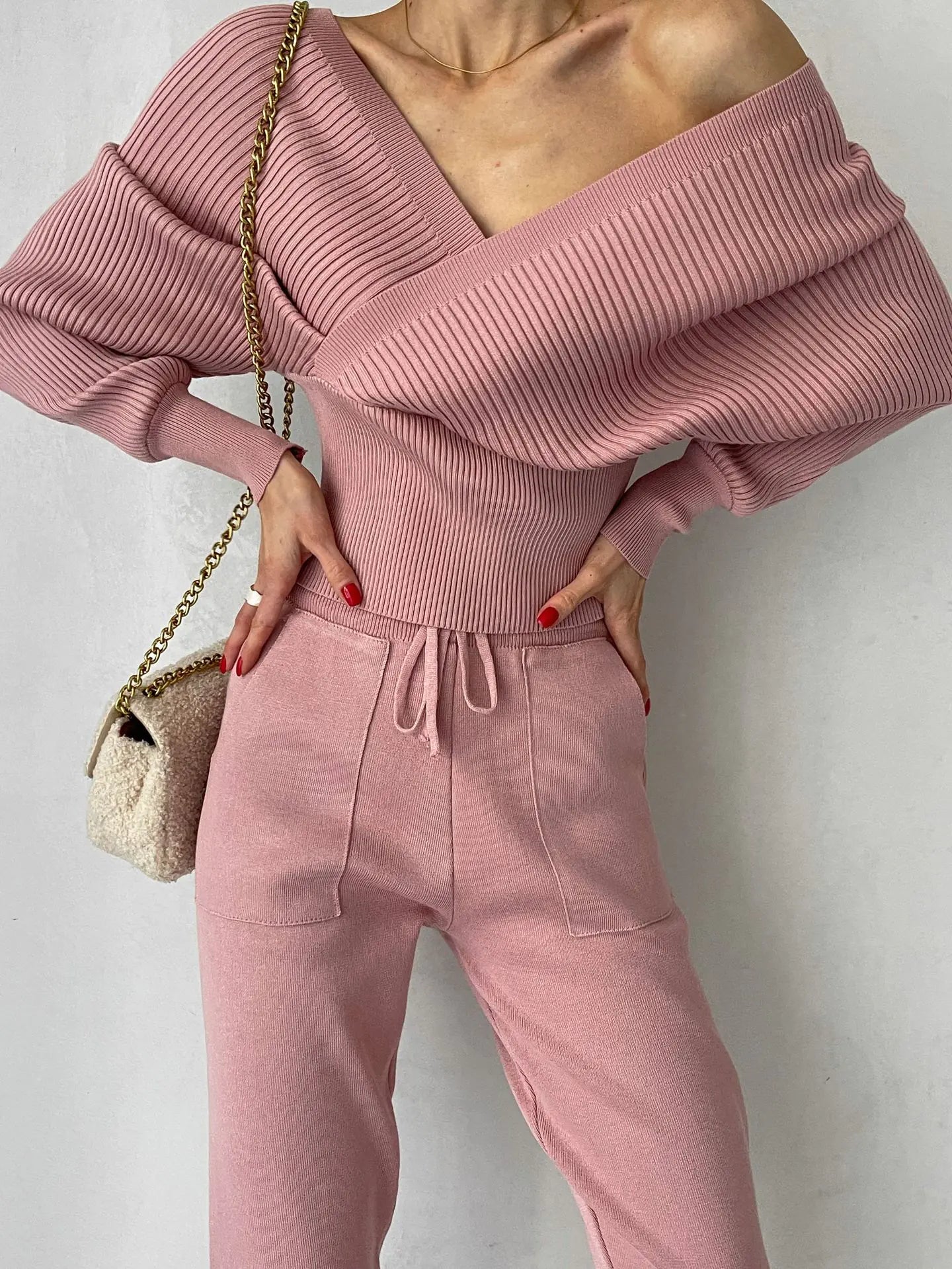 Trendy Batwing Sleeve V-Neck Knit Sweater Set for Women
