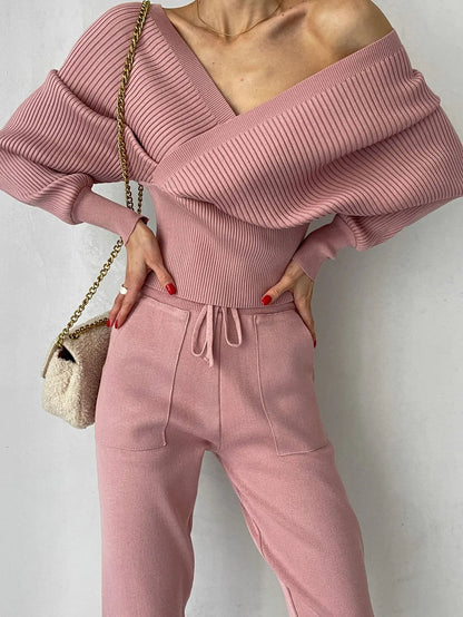 Trendy Batwing Sleeve V-Neck Knit Sweater Set for Women