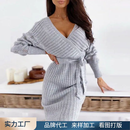 Women's V-Neck Batwing Sleeve Wool Sweater Dress
