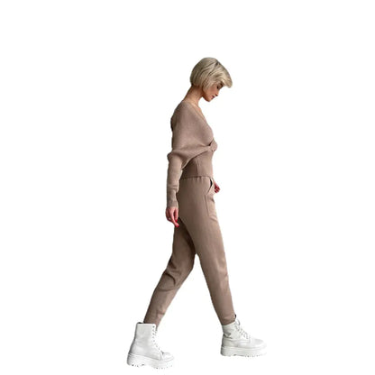 Trendy Batwing Sleeve V-Neck Knit Sweater Set for Women