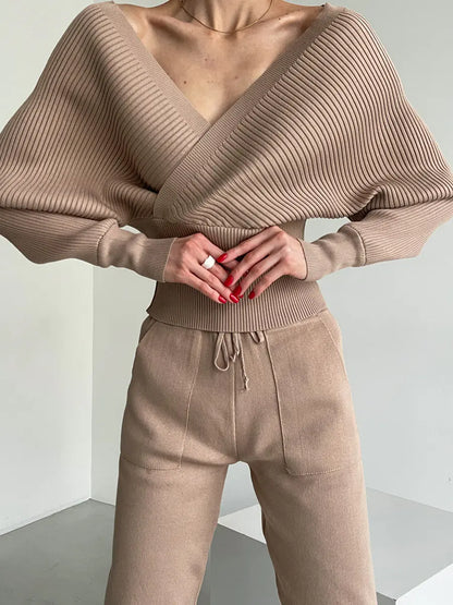 Trendy Batwing Sleeve V-Neck Knit Sweater Set for Women