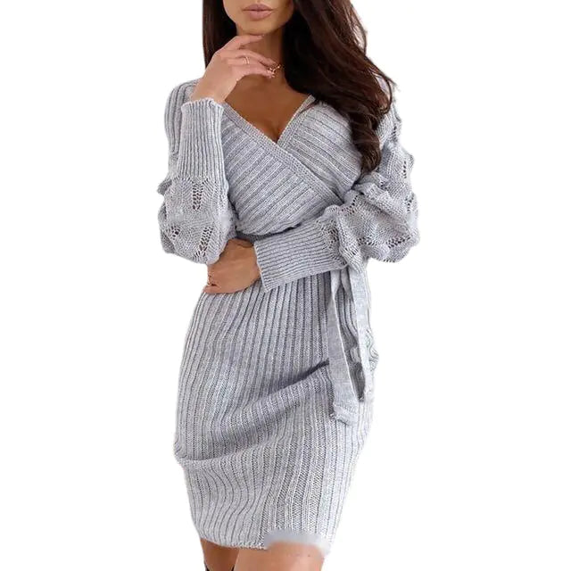 Women's V-Neck Batwing Sleeve Wool Sweater Dress