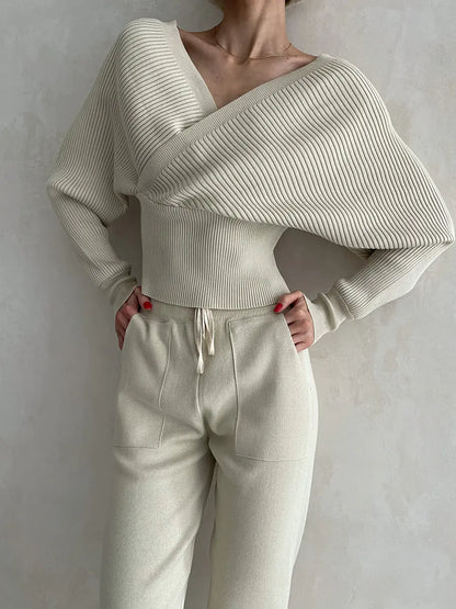 Trendy Batwing Sleeve V-Neck Knit Sweater Set for Women