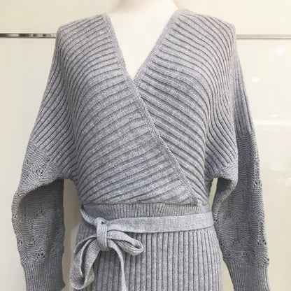Women's V-Neck Batwing Sleeve Wool Sweater Dress